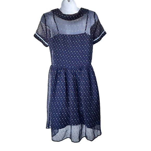 ModCloth Polka Dot Short-Sleeve Sheer blue Dress attached‎ slip S - Picture 2 of 10